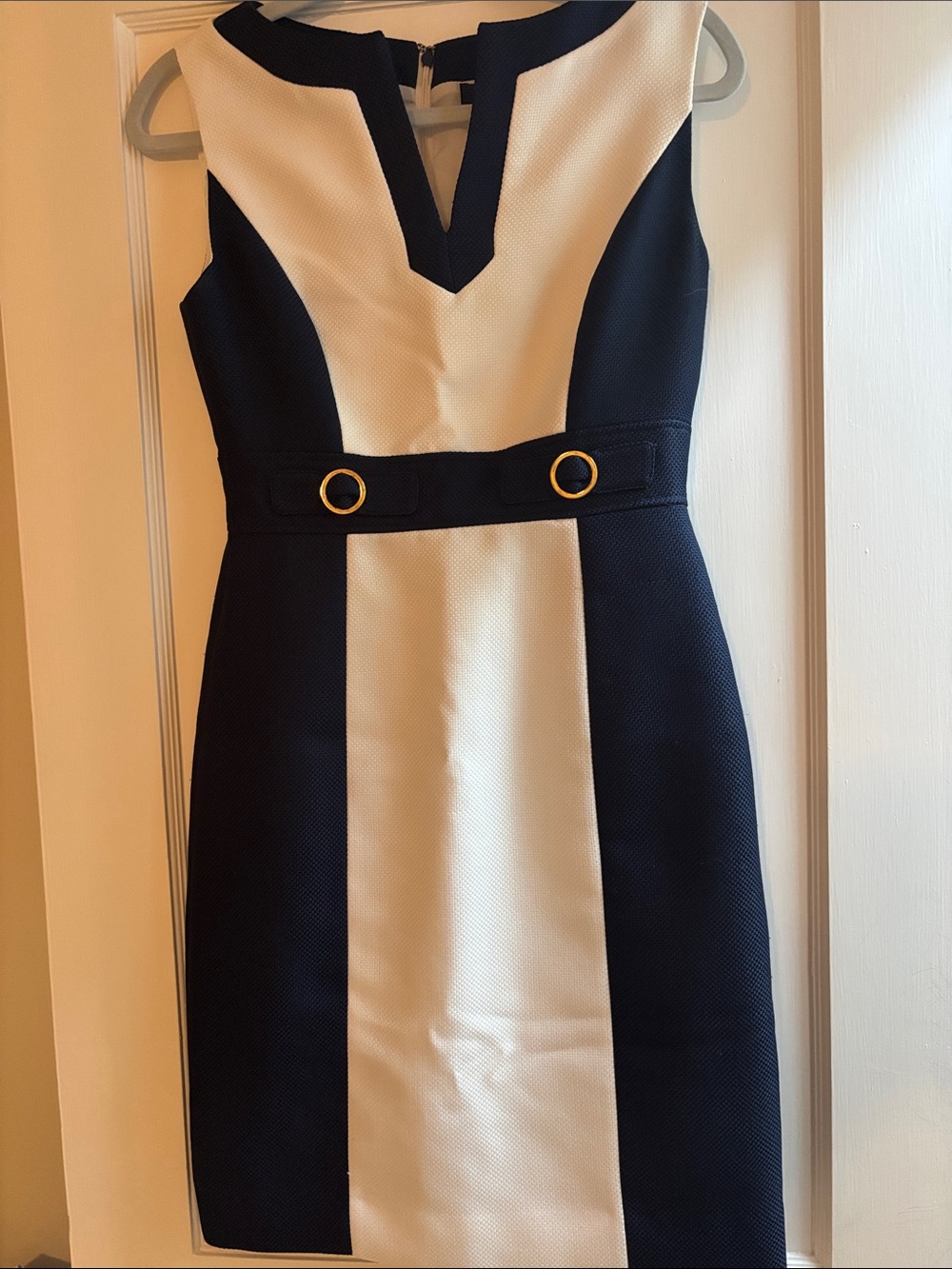 Navy and White Contrast Midi Sheath Dress with Gold Ring Detail